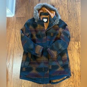 Mossimo printed coat with fur lined hood